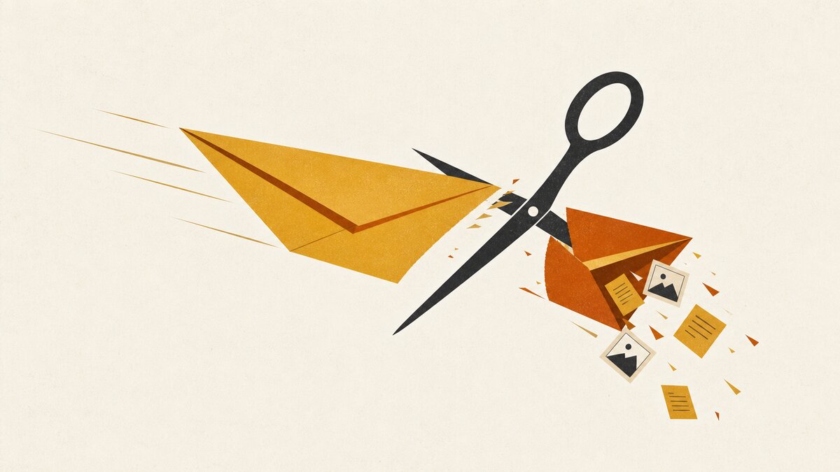 An email message getting cut off mid-flight, like scissors severing an envelope, images spilling out