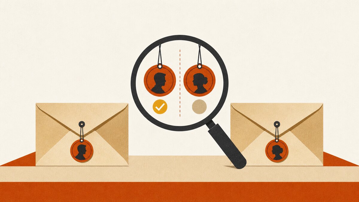 Two identical envelopes with different recipient tags, checked side by side with a magnifying glass to confirm neither crosses into the other