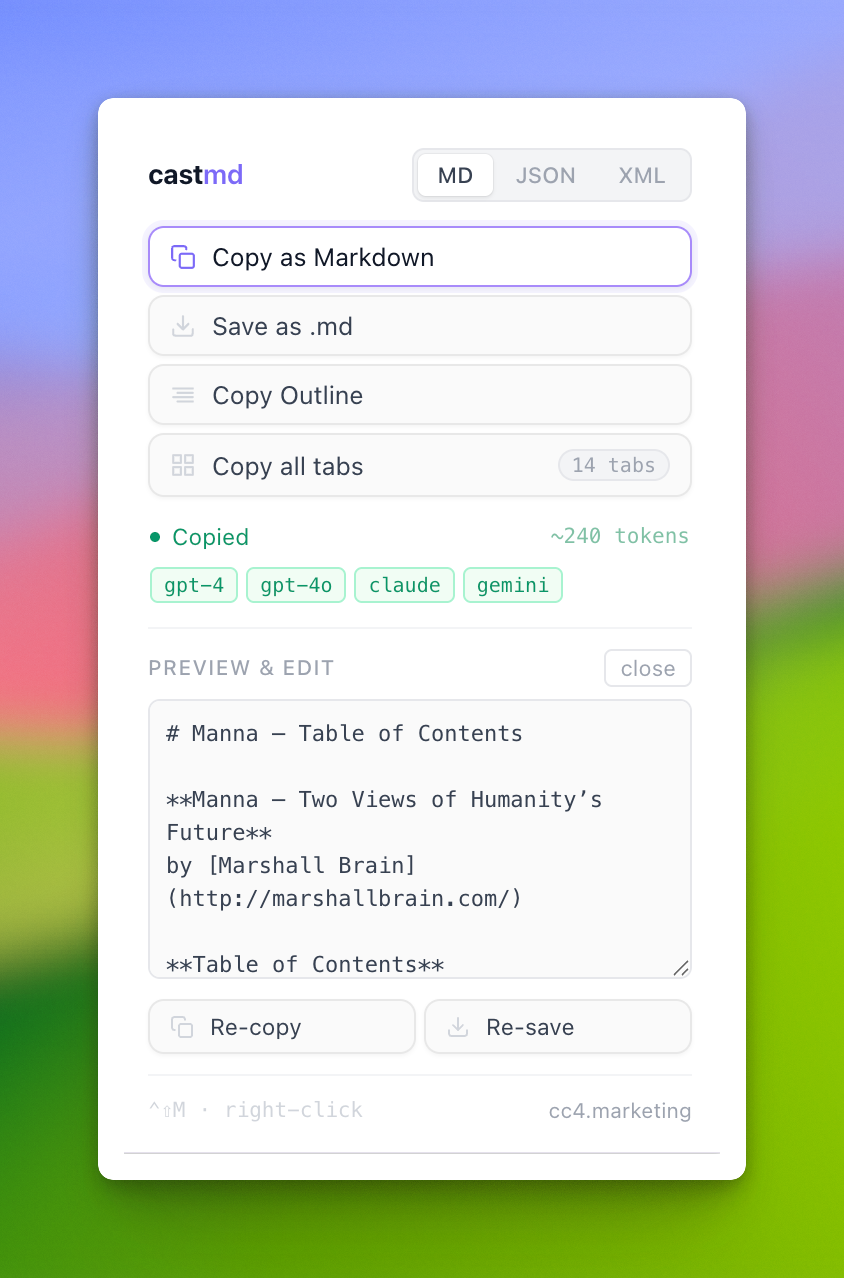 castmd Chrome extension popup showing MD · JSON · XML toggle, token count chips, and Copy all tabs button
