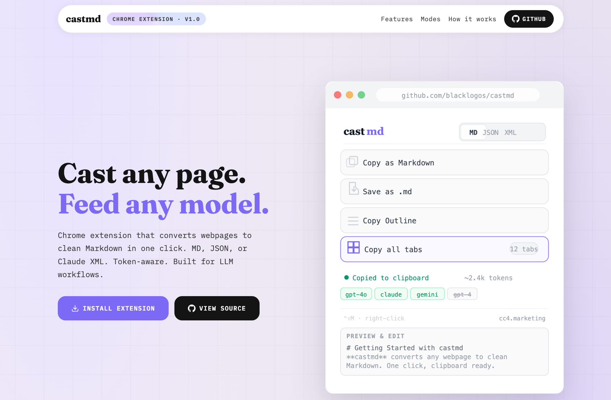 castmd landing page — "Cast any page. Feed any model." with the extension UI preview