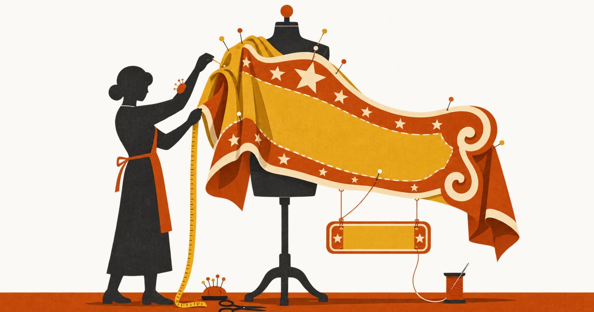 A dressmaker silhouette tailoring an oversized star-covered banner sign down to a small, correctly sized plain nameplate on a dress form