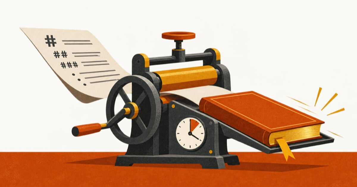 A sheet of Markdown feeding into a hand-cranked printing press, a finished hardcover book sliding out the other side, the press clock showing 4 minutes