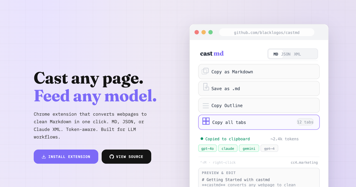 castmd landing page — Cast any page. Feed any model. Chrome extension that converts web pages to Markdown, JSON, or XML for LLMs