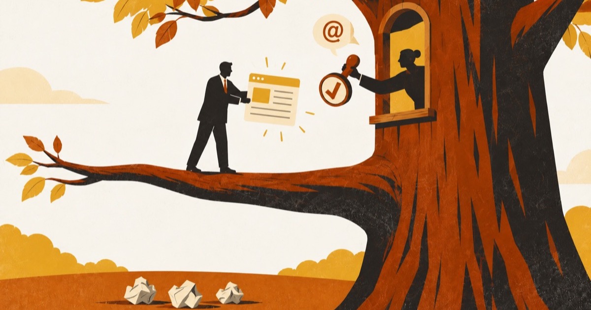 Editorial illustration: a marketer on a tree branch hands a draft web page to a reviewer in the main trunk, who holds an approval stamp.