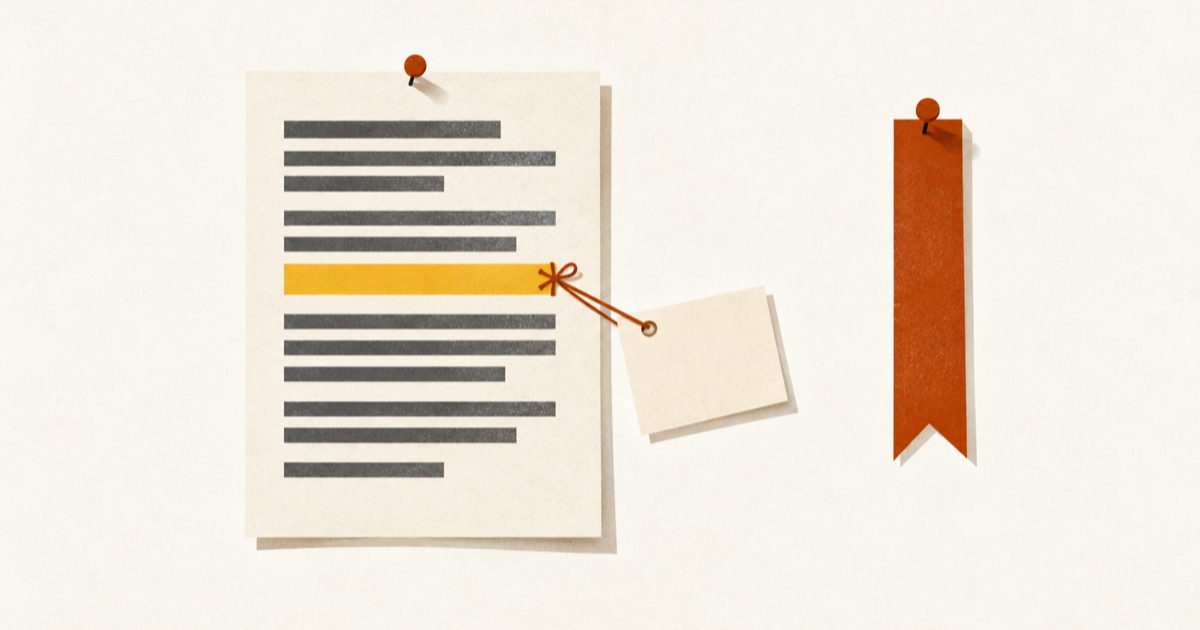 A pinned article page with one highlighted passage and a small note card tied to it, next to a bookmark ribbon pinned over nothing