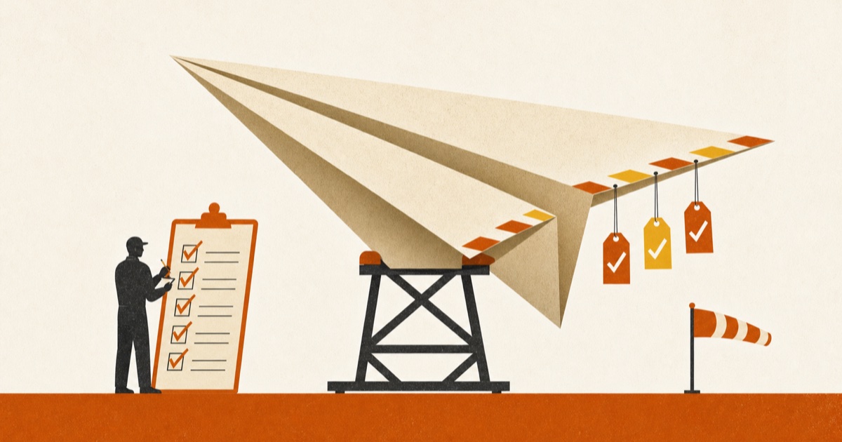 Editorial illustration of a giant paper airplane on a maintenance stand being inspected by a ground-crew figure with a tall checklist, verification tags hanging from the wing