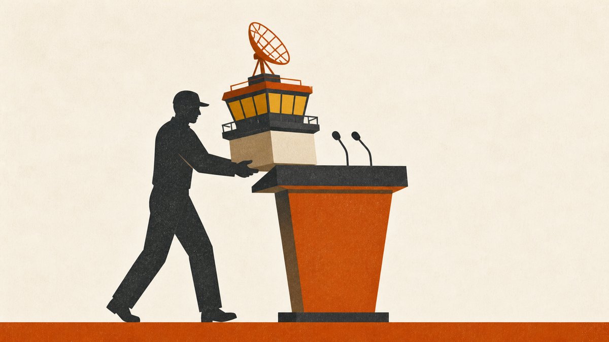 A ground-crew silhouette carrying a small airport control tower, radar dish on top, and setting it down onto a lectern to serve as its nameplate