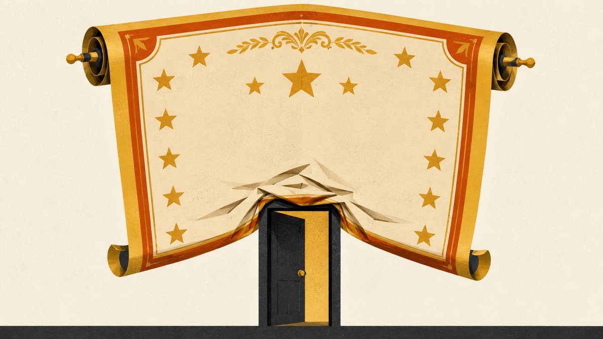 An ornate, star-covered banner unrolling above a small plain office doorway, too wide and tall to fit through the frame