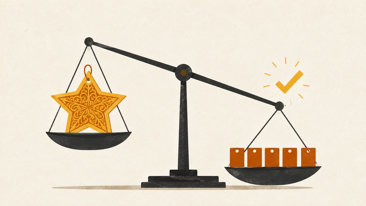 A two-pan balance scale: one pan holds a single heavy star-shaped tag, the other holds five small square tags and is sinking lower with a checkmark glowing above it