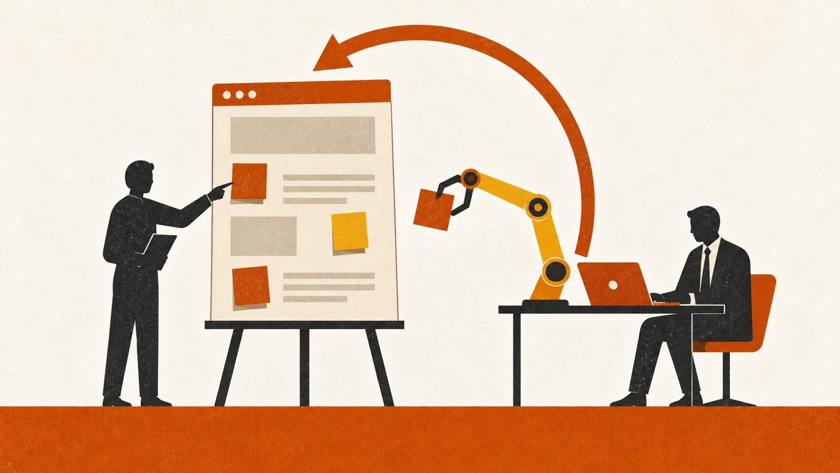 A reviewer points at sticky notes stuck on a page mockup while a marketer at a laptop, helped by a robot arm, lifts the notes off one by one.